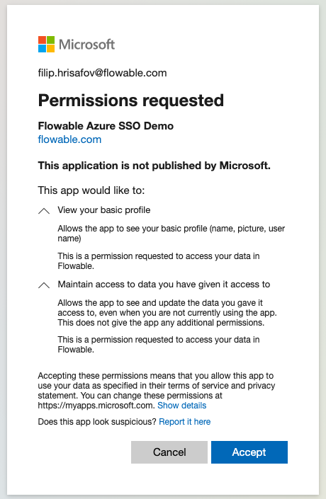 Azure SSO Sign In Permissions Requested