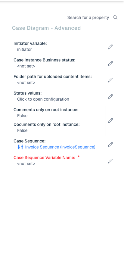 Case diagram properties showing the linked sequence and variable name
