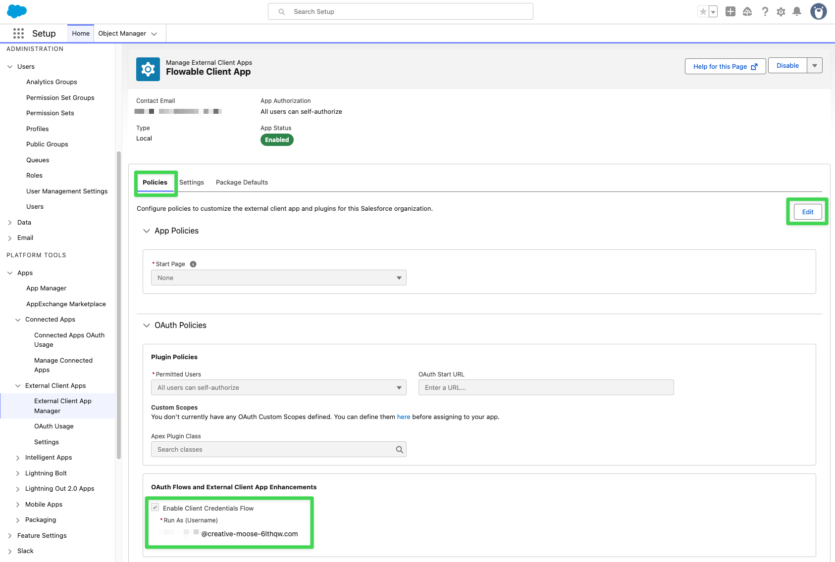 Salesforce OAuth2 Client Credentials RunAs User Policy