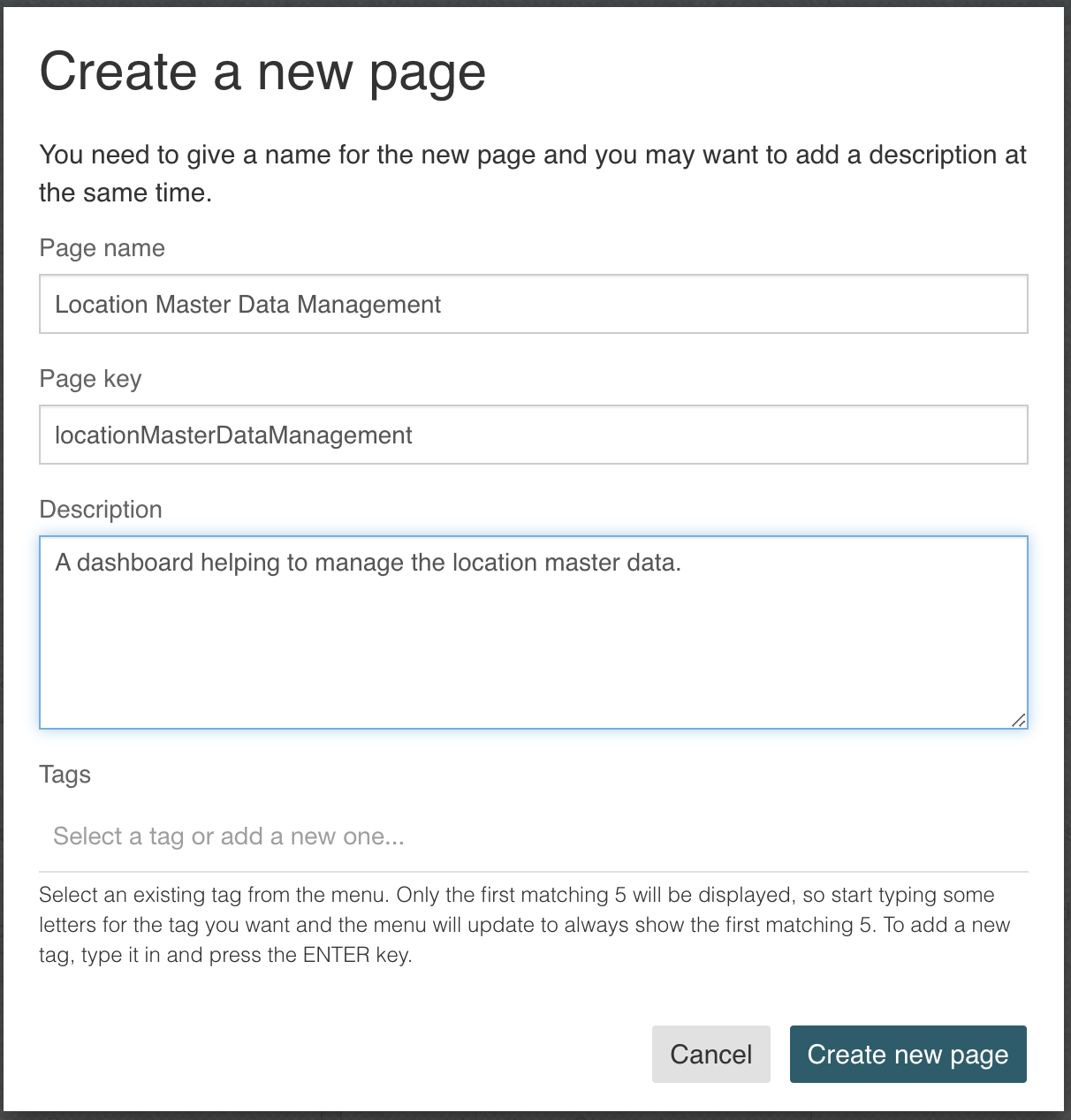 create page model dialog