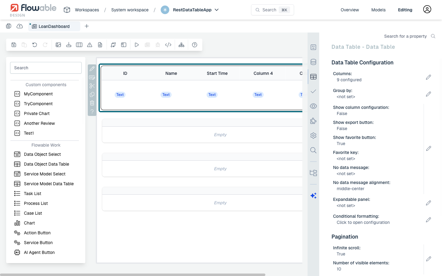 Data Table Configuration panel