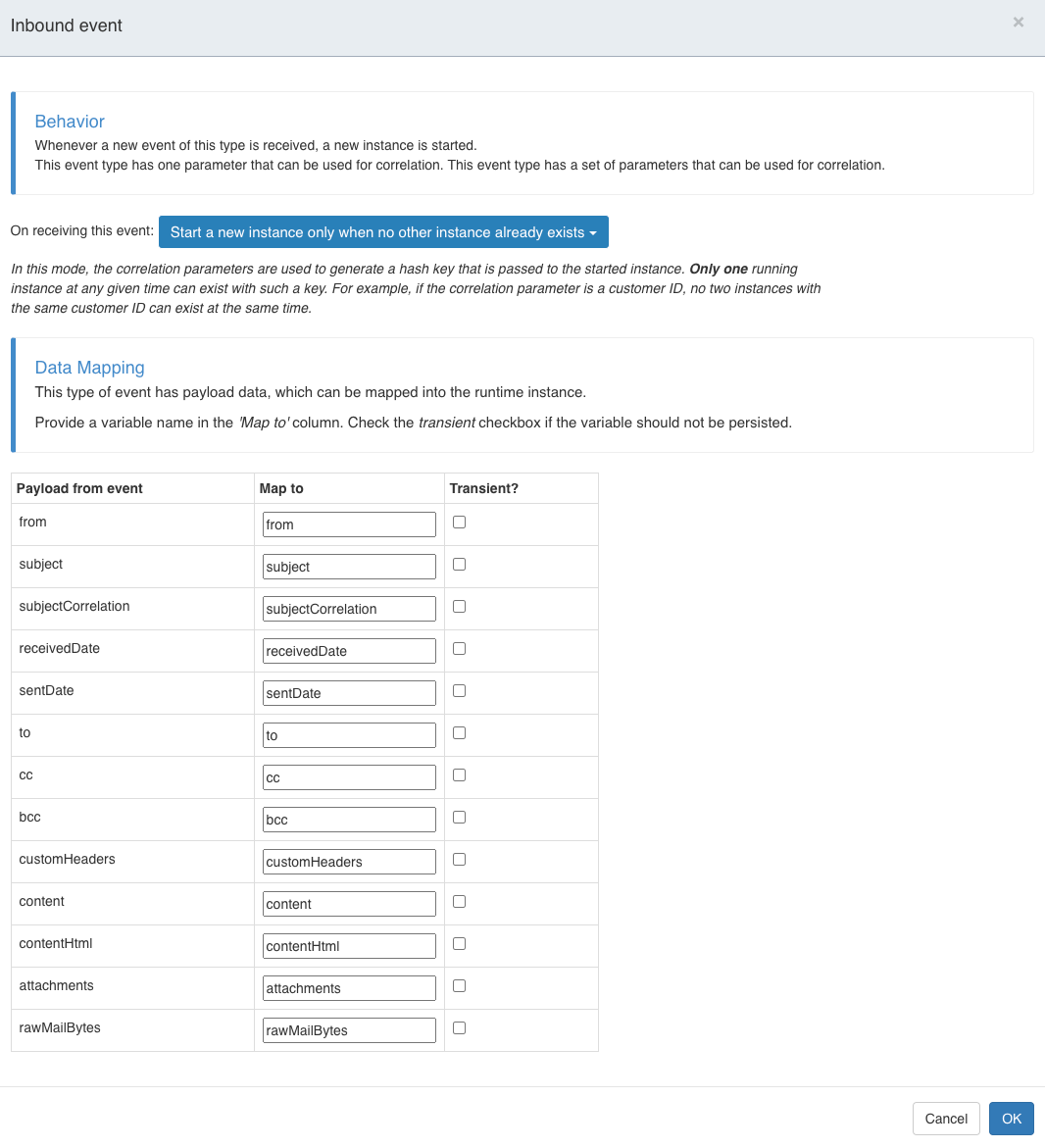 Email event configuration