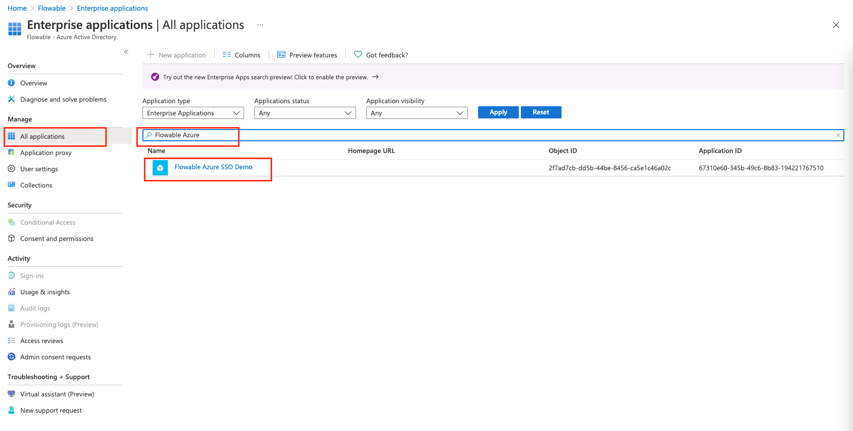 Find Demo Application in Azure Active Directory