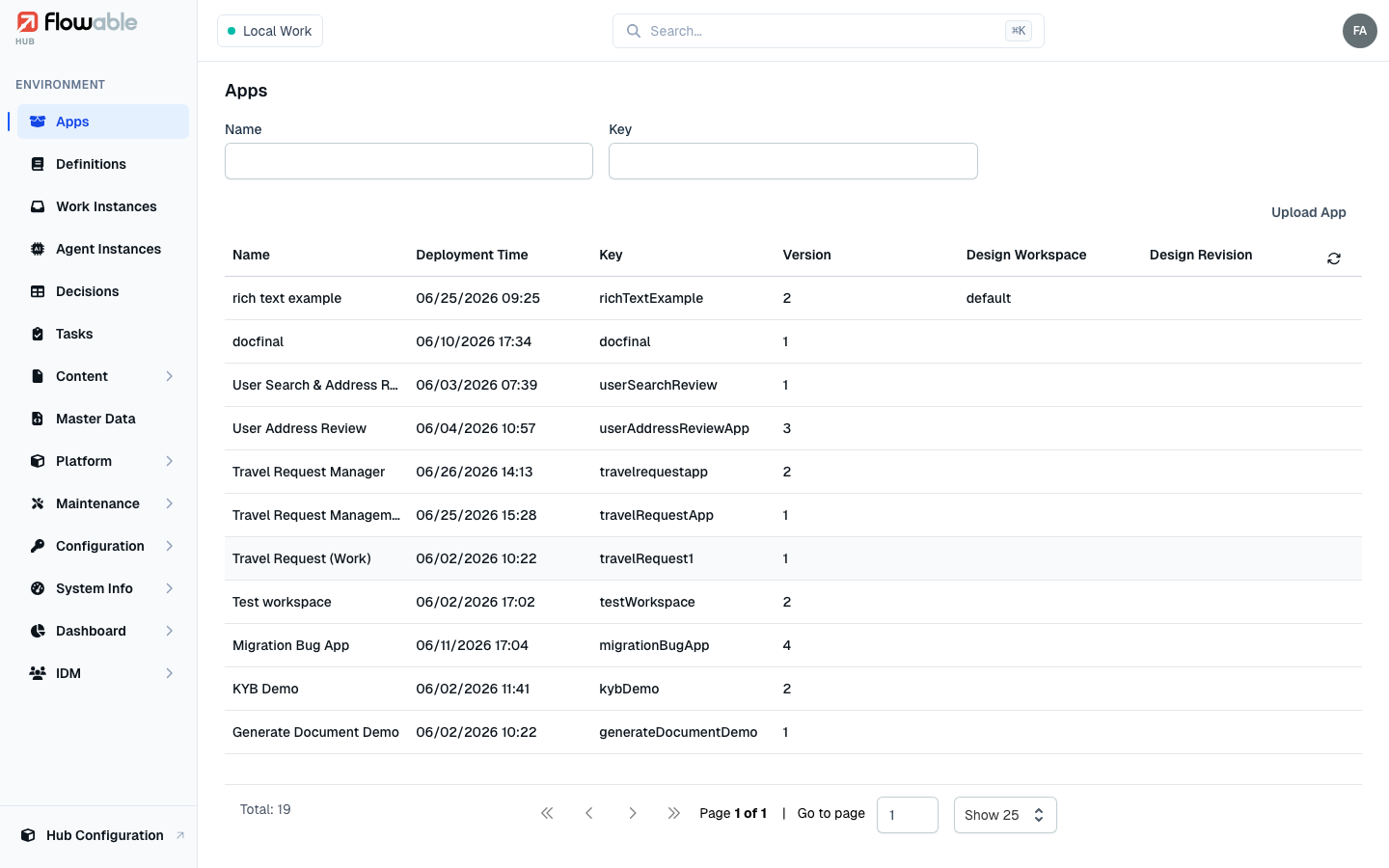 The list of deployed apps