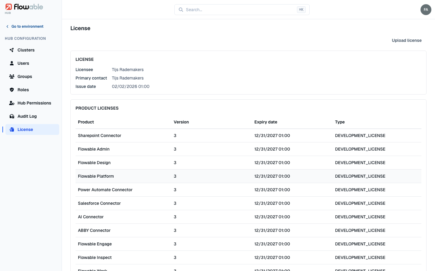 The Hub license view