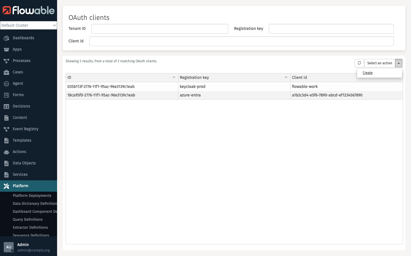 OAuth Clients Action Menu