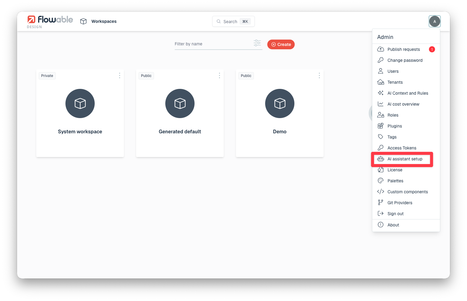 The AI assistant setup entry in the user profile menu