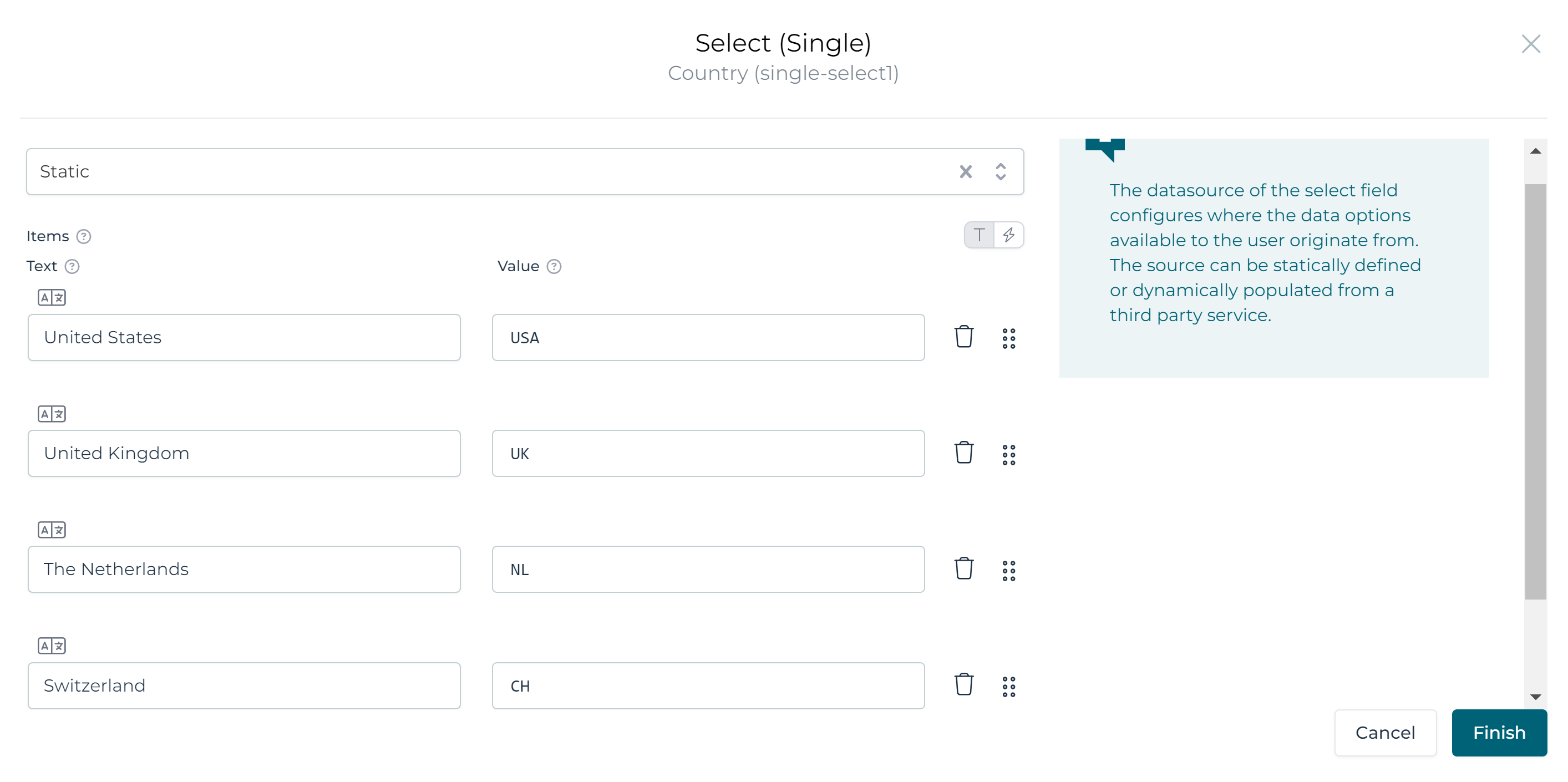 configure select values intake form
