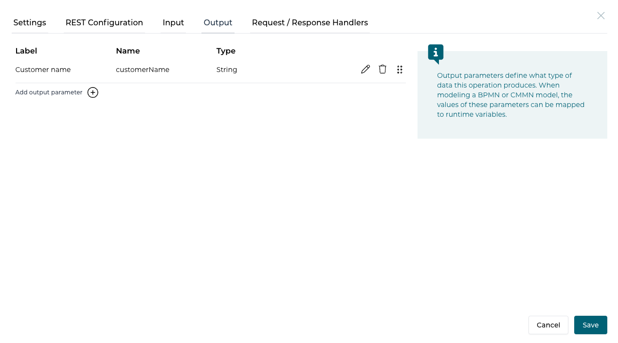 Configure the output parameters for the operation