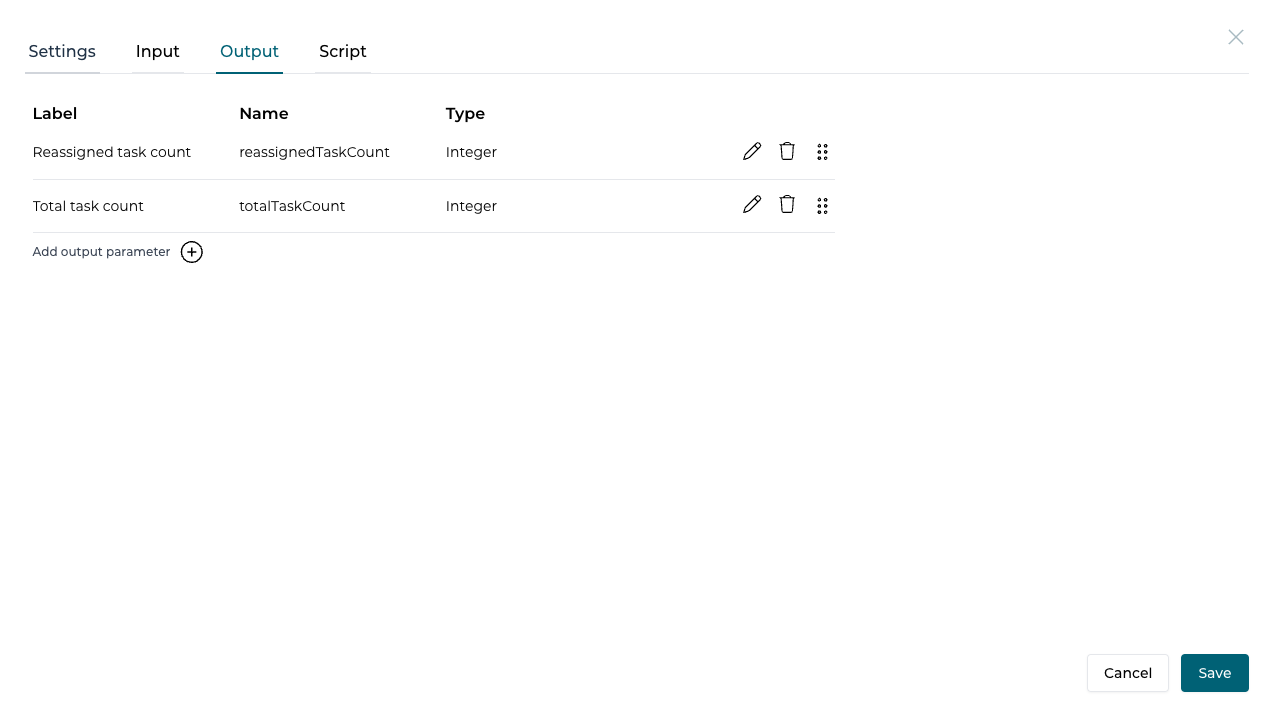 Configure the output parameters for the operation