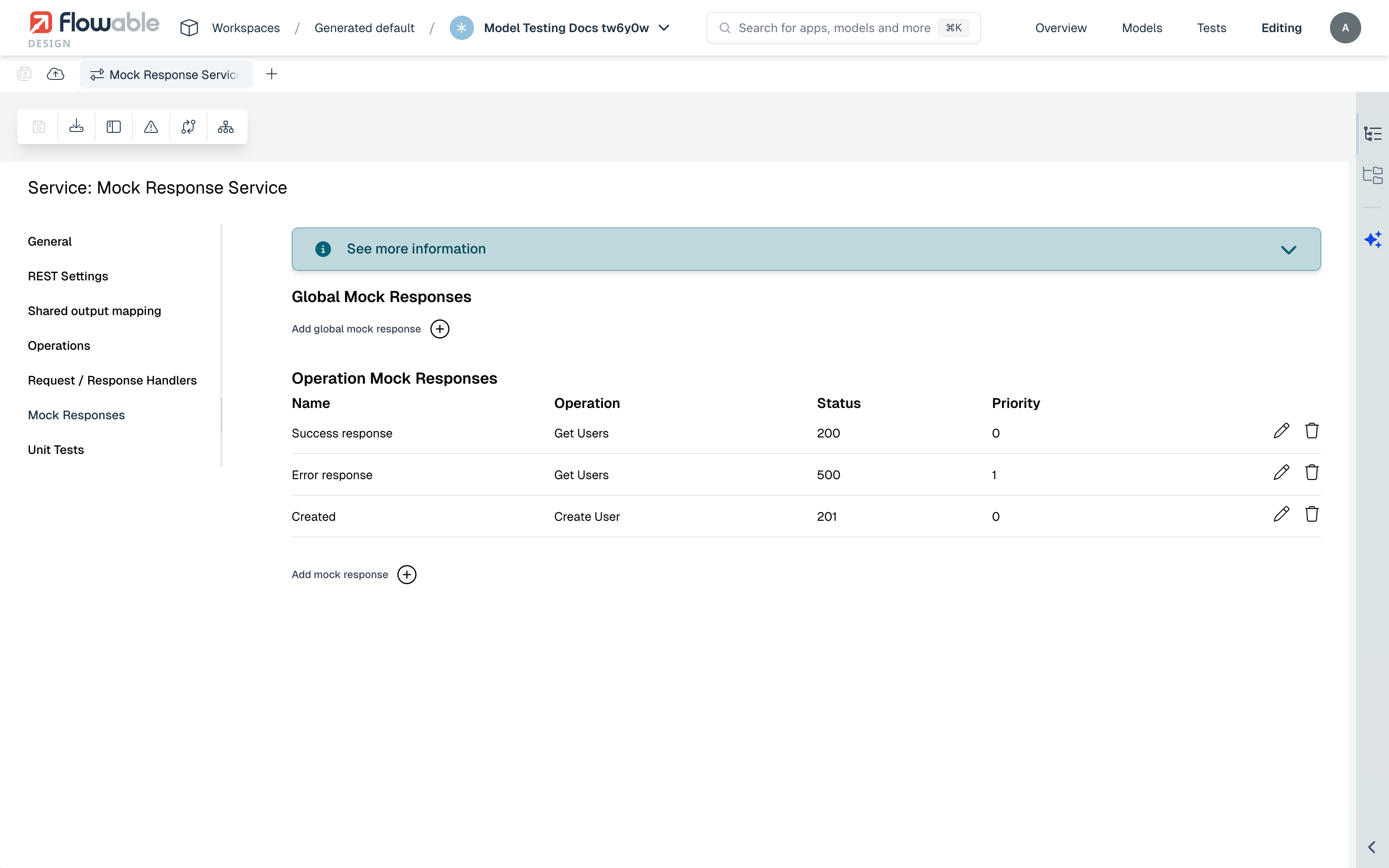 Mock Responses tab on a service model