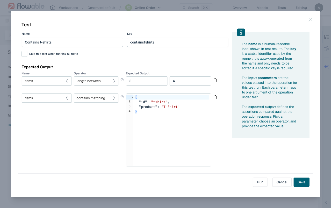 Service test definition with expected output assertions