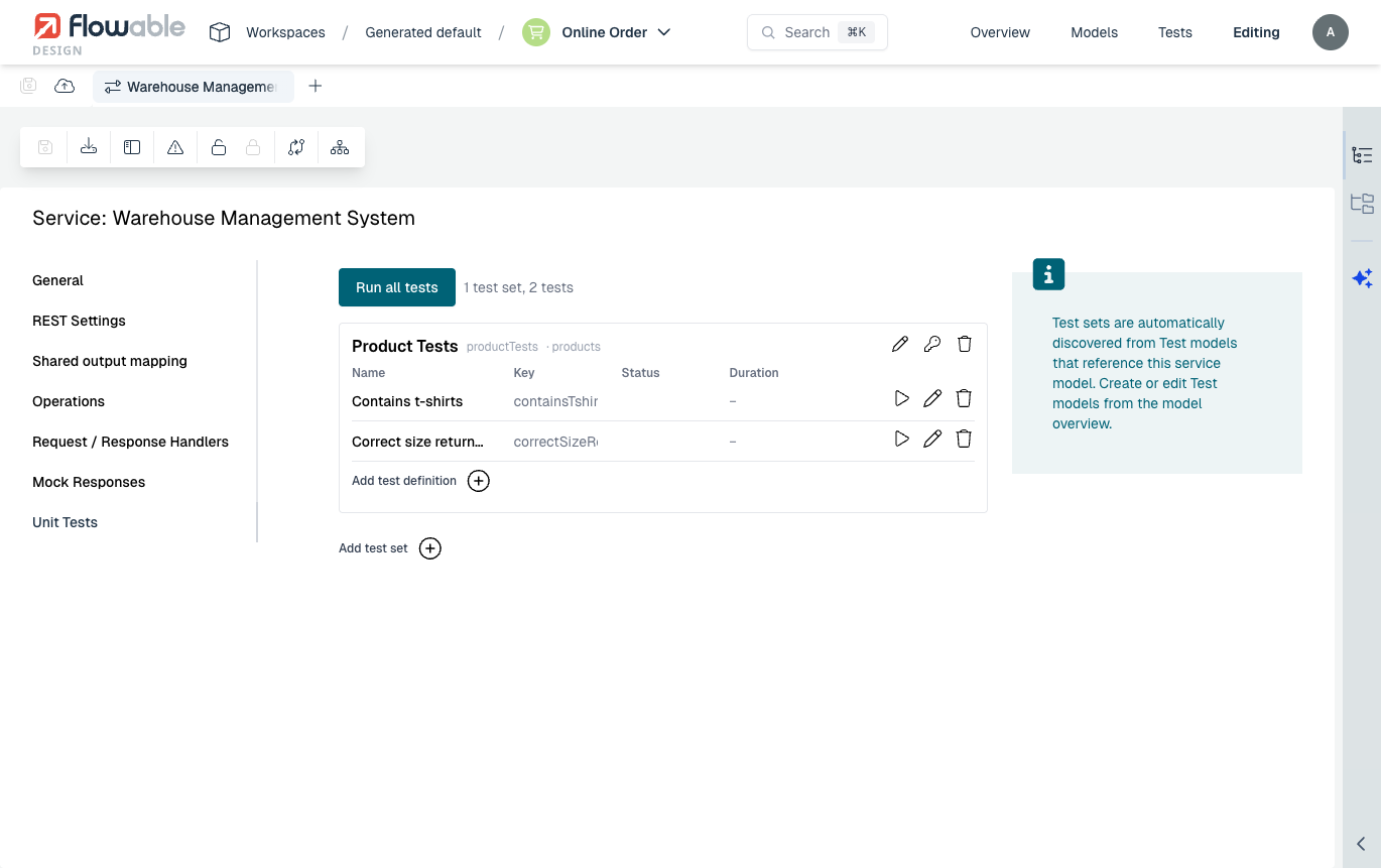 Unit Tests tab on a service model