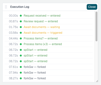 The Execution Log window, one row per step