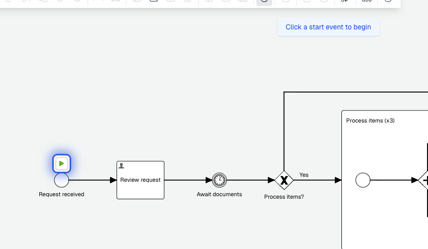 Click the play control on a start event to create a token