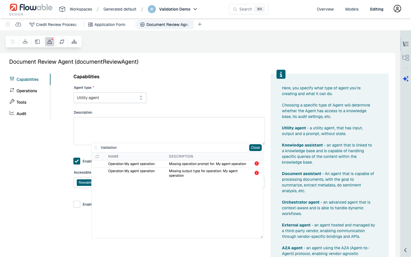 Agent editor with validation