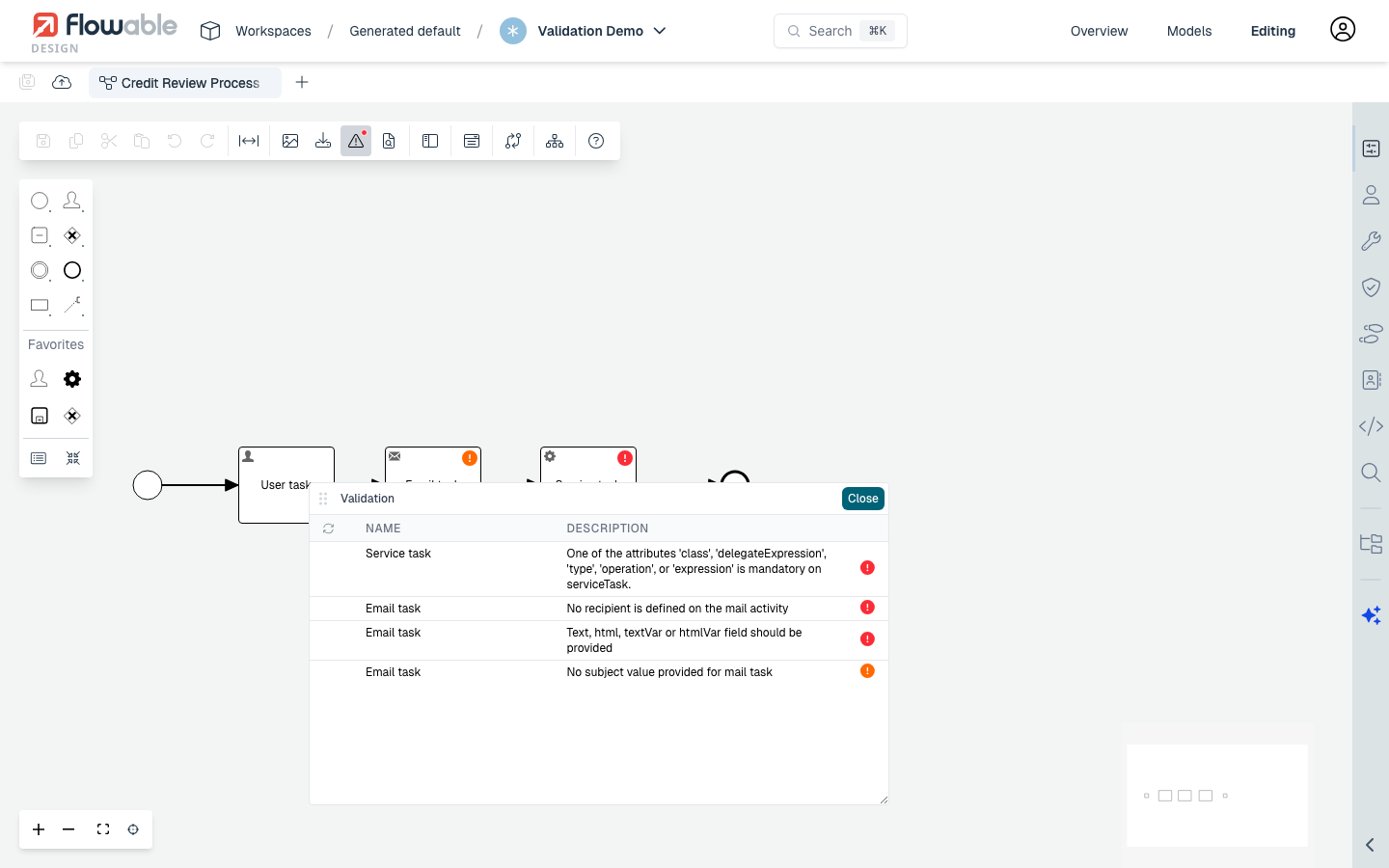BPMN editor with validation errors