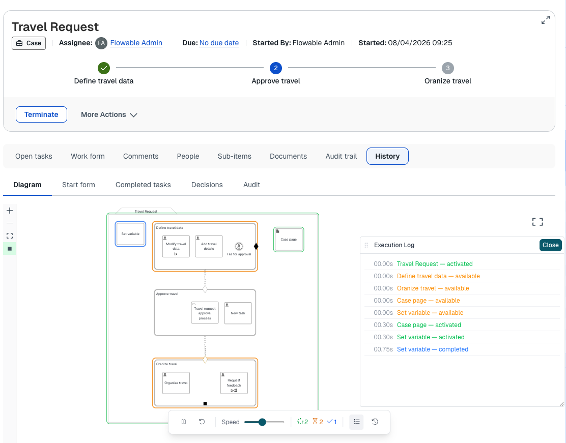 Replaying an instance from a work item's History → Diagram tab