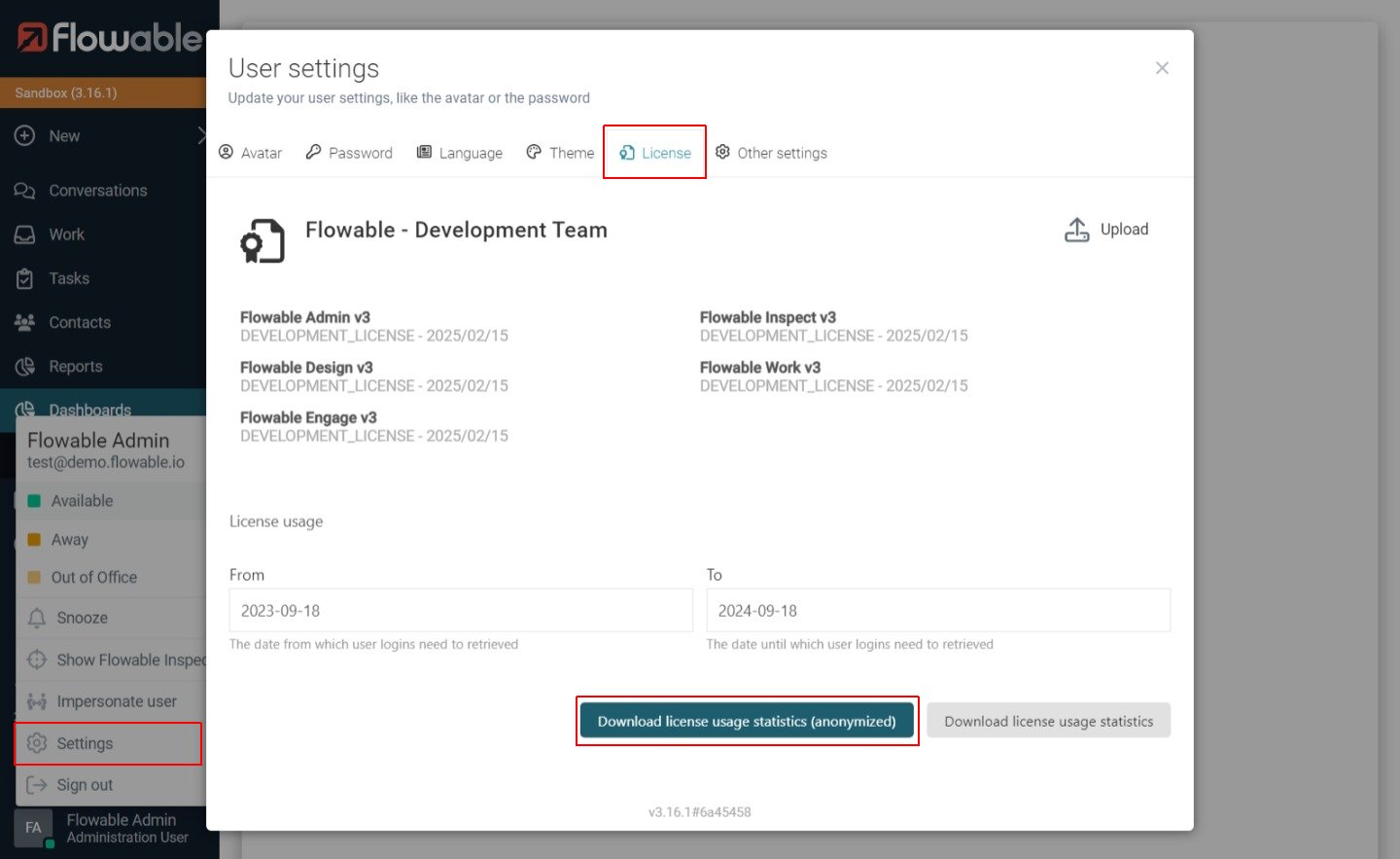 Download License Usage statistics in Flowable Work