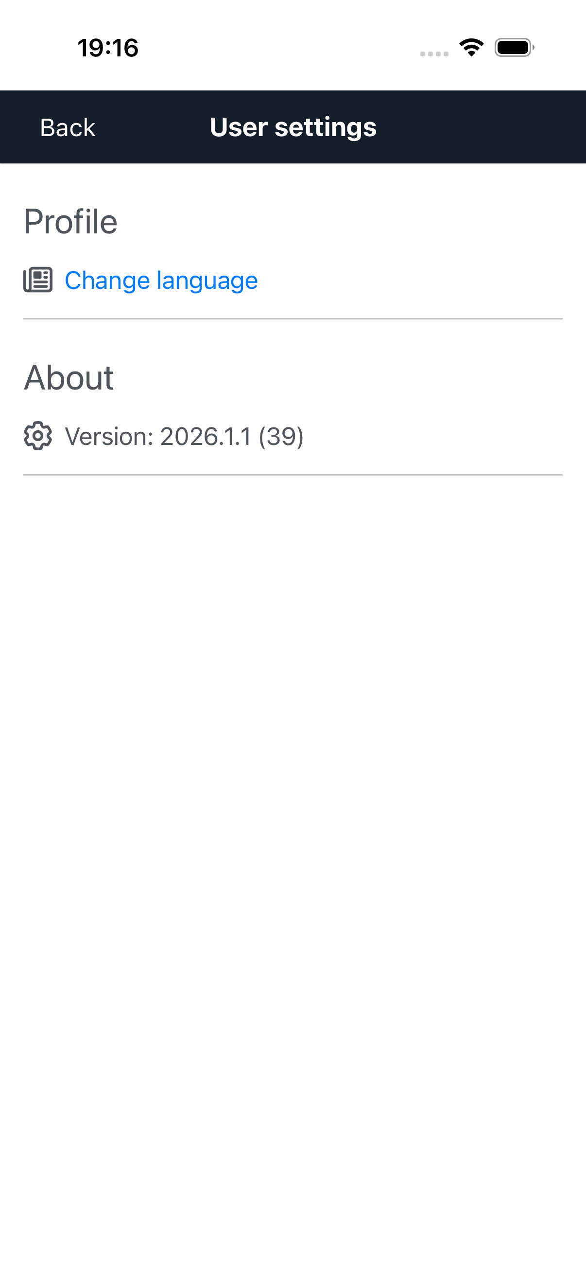 User settings screen